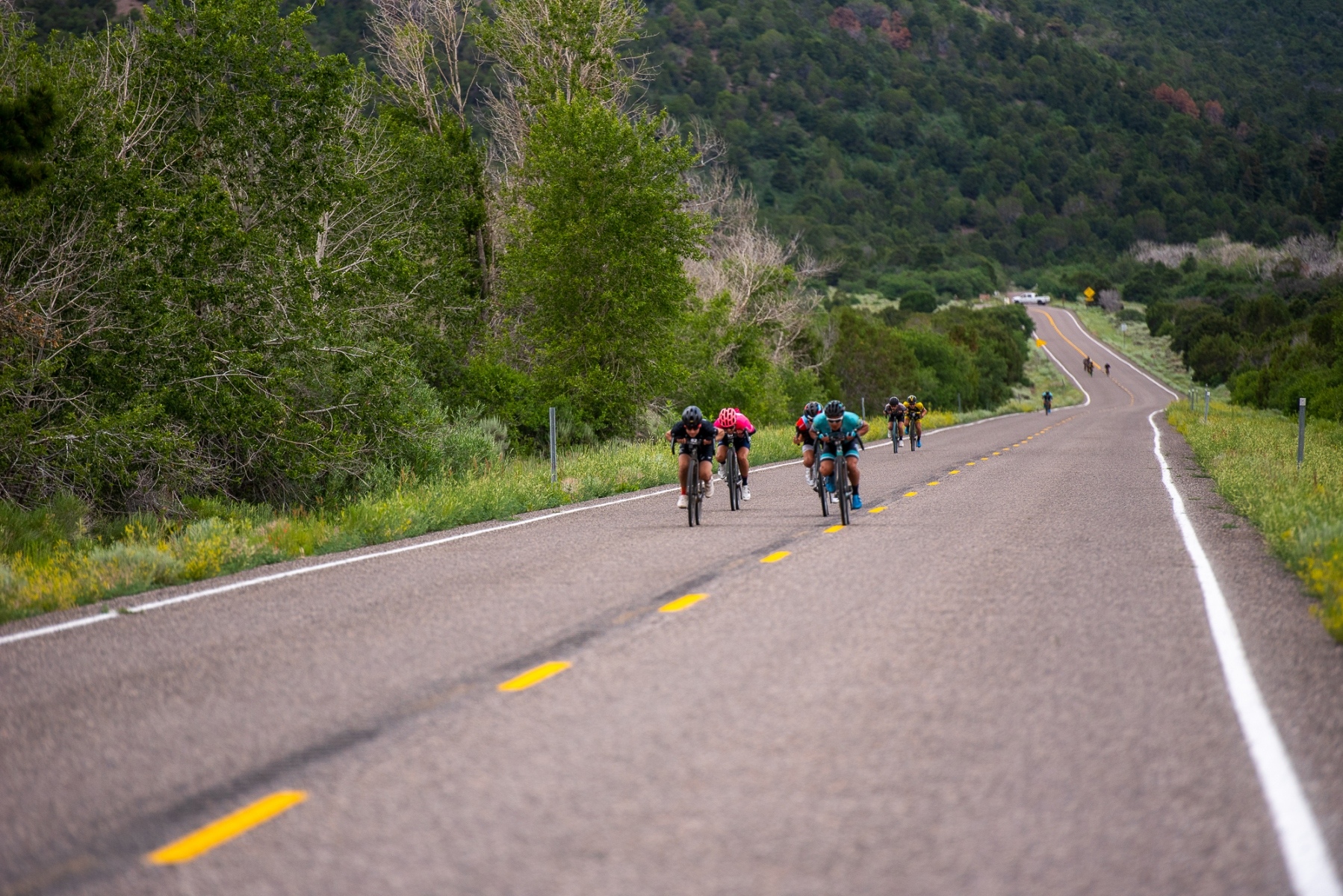 The Pro men's field split into several small groups on the Highway 153 descent into Junction. Photo: Steven L. Sheffield