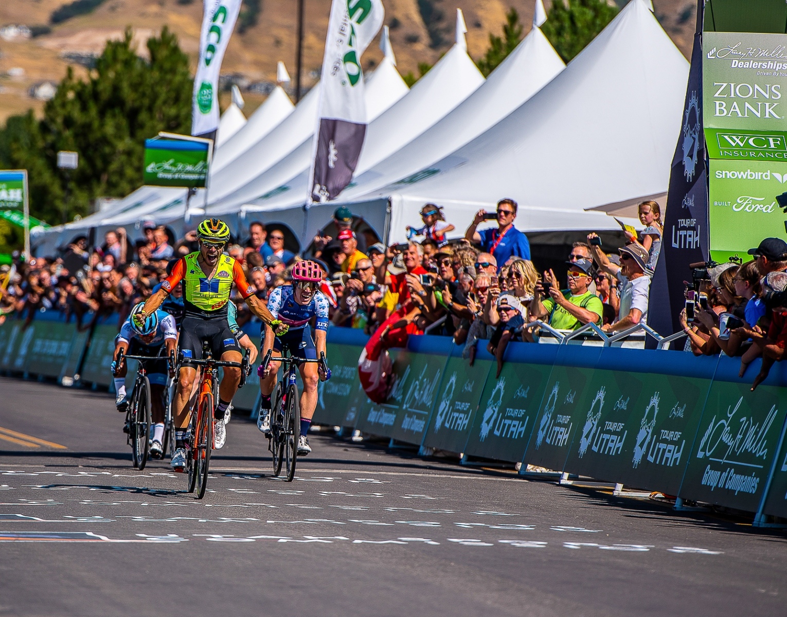 Umberto Marengo (Neri Sottoli-Selle Italia-KTM) takes Stage 1 in a 5 man sprint, followed closely by Lawson Craddock (EF Education First), who moves into the yellow jersey of GC leader. 2019 Tour of Utah. Photo by Steven L. Sheffield