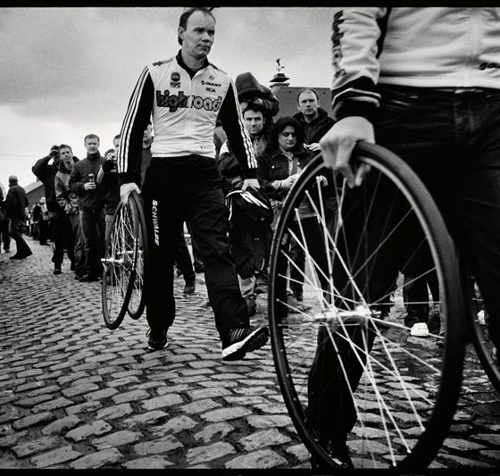 Soigneurs with spare wheels are spread all along the race. Extreme events like Paris-Roubaix can mean up to 20 extra mechanics and team helpers out on the course. Photo by Taz Darling.