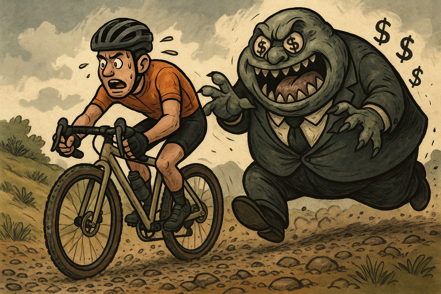 Corporate greed monster chasing the gravel cyclist. Once upon a time, gravel felt like coming home.